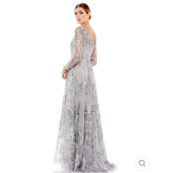 NWT Mac Duggal 67498 Floral Embroidered Illusion Long Sleeve Gown, Sterling - Picture 2 of 6